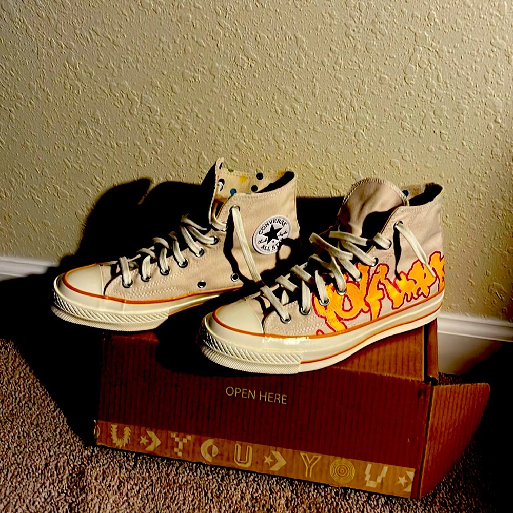 Tyler the Creator custom made Converse in the colors red mustard and cream